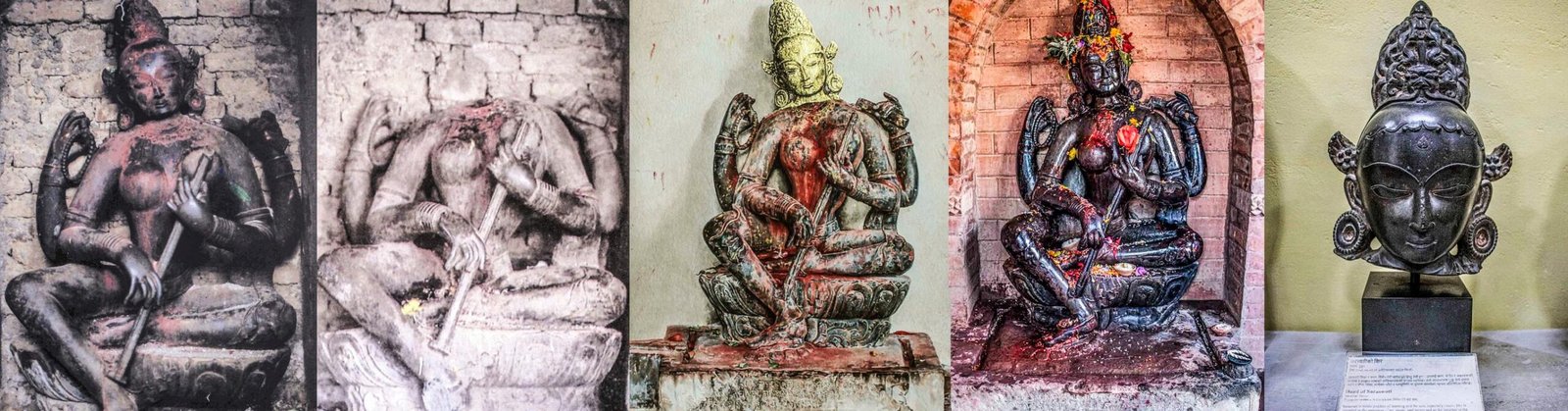 Then and now: (left to right) 1) The original black-granite murti of Goddess Saraswati at a temple in Pharping village, south of Kathmandu. 2) The head was stolen in 1984. 3) Joy Lynn Davis made a painting of the Deity, rendering the head in 23-karat gold. 4) Pharping devotees installed a replica in the temple to continue the worship. 5) The stolen head was repatriated in 1999. It is currently housed in the National Museum in Kathmandu