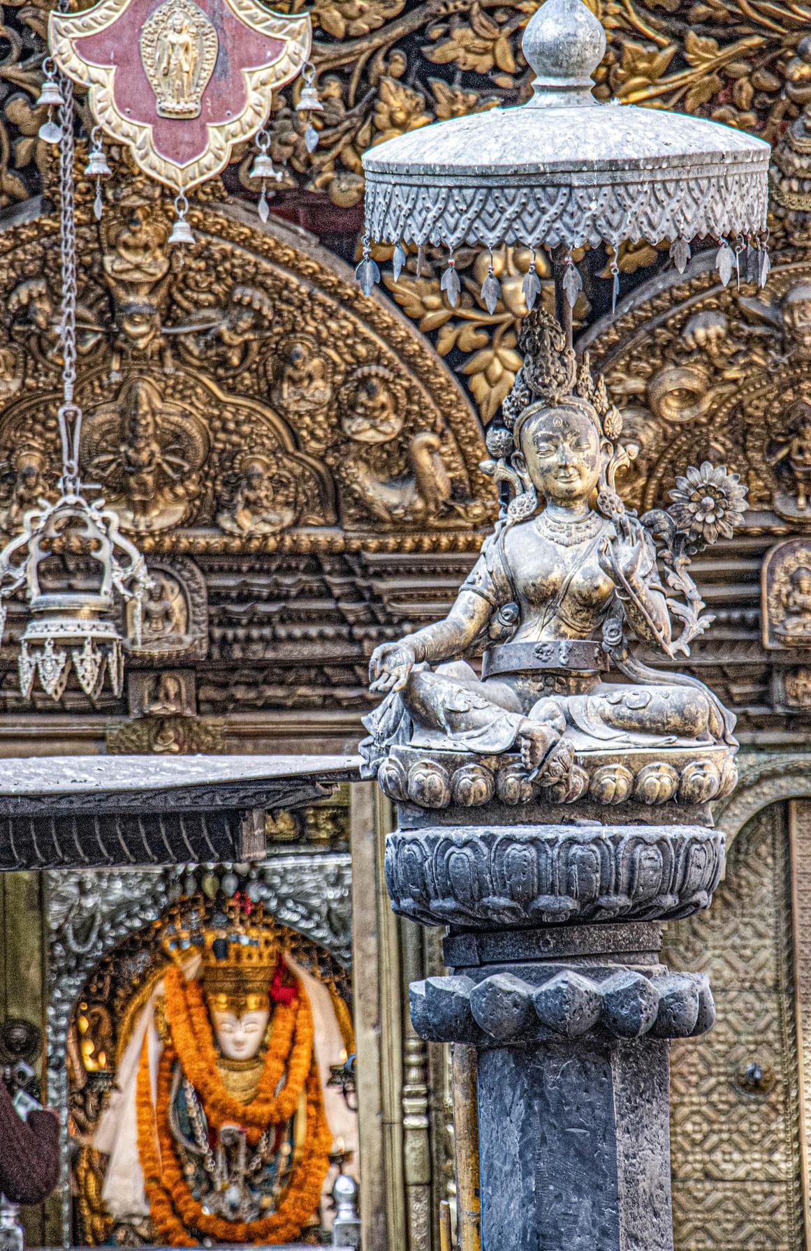 Then and now: (left to right) 1) The original black-granite murti of Goddess Saraswati at a temple in Pharping village, south of Kathmandu. 2) The head was stolen in 1984. 3) Joy Lynn Davis made a painting of the Deity, rendering the head in 23-karat gold. 4) Pharping devotees installed a replica in the temple to continue the worship. 5) The stolen head was repatriated in 1999. It is currently housed in the National Museum in Kathmandu